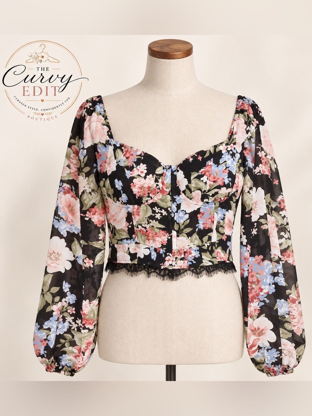 NWT Lulus Black Floral Corset Crop Top Sweetheart Balloon Sleeve XL Boho Chic